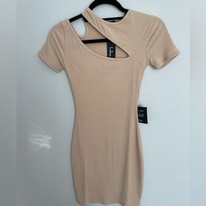 RIBBED CUT OUT BEIGE MINI DRESS